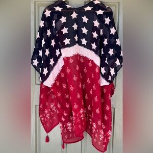 Patriotic American Flag Kimono Cover Sheer Viscose Red White Blue Stars Tassels